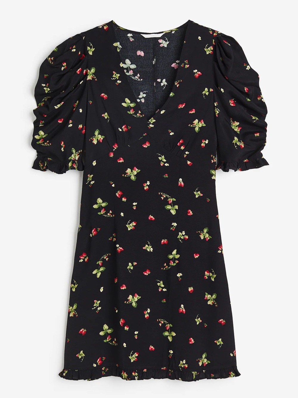 Black Strawberry Puff-Sleeve Mini Dress
